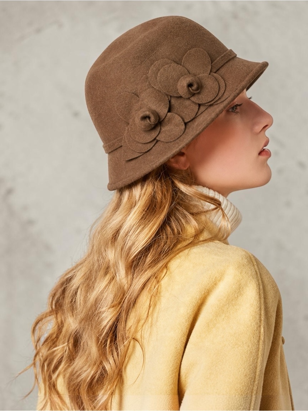 NWT Nine West Wool Felt Cloche Hat Brown Floral Flower Flapper